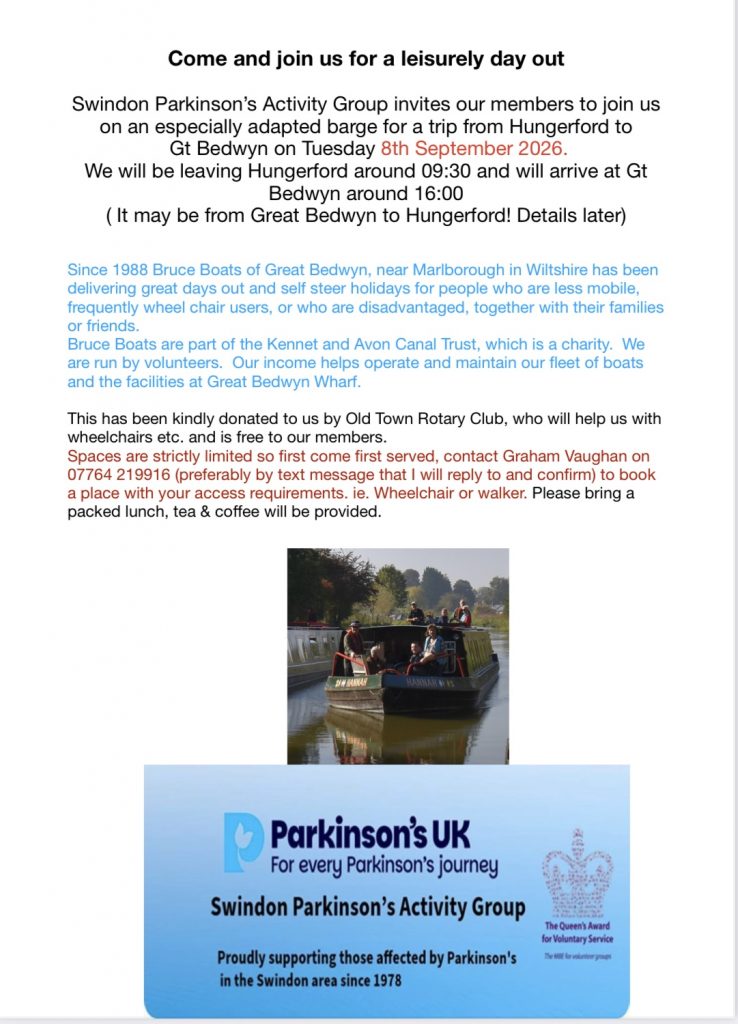 Swindon parkinson's activity group poster for boat trip